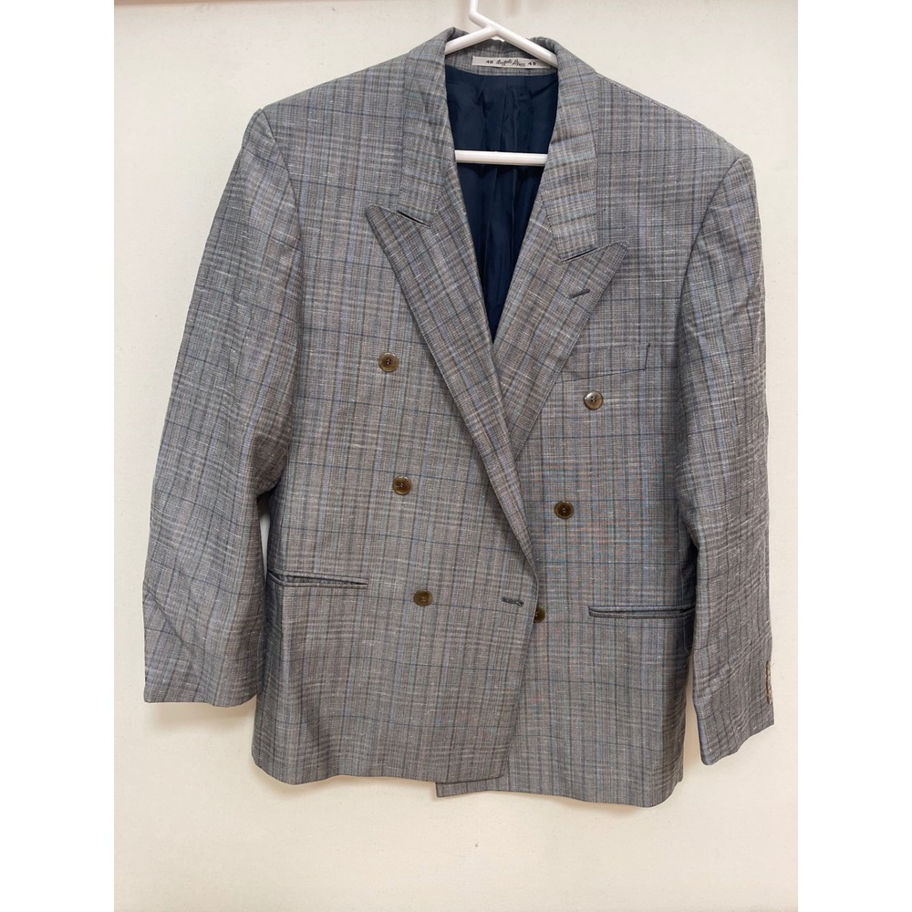 Angelo Litrico Mens Grey Plaid Double Breasted Blazer Sport Coat Size 48 Peak